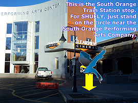 Shufly virtual tour stop. Image highlights south orange train station stop. The stop is in the circle near the SOPAC.