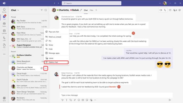 Image of the Delete Chat button in Microsoft Teams Desktop