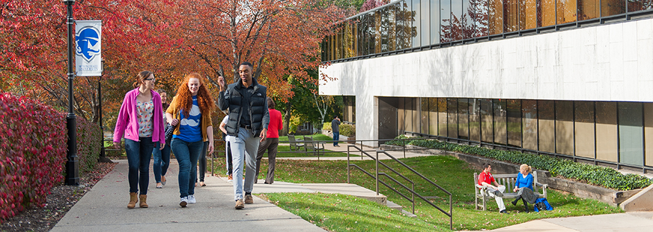 Students walking near A&S Hall in the Fall.