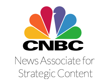 CNBC rainbow peacock logo with the words &quot;News Associate for Strategic Content&quot; listed below.