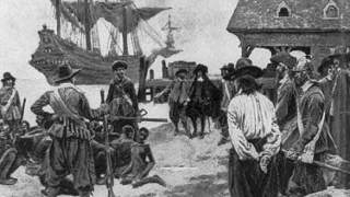 Drawing depiction of the landing of enslaved Africans in Jamestown, Virginia.