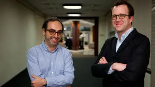 Nathan Oates and Gary Shteyngart in front of the Poetry-in-the-Round. 