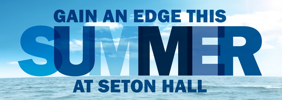 Picture of Postcard thats says "Gain an edge this summer at seton hall" over a photo of the ocean