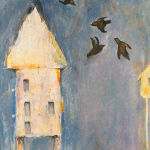 The book cover for the book The Empty House showing birds flying around a birdhouse. 