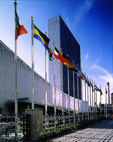 Flags outside of the United Nations building.