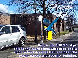 Shufly virtual tour highlights Shufly stop near Ward place. Location is right behind Aquinas Hall near public safety and security building.