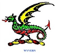 Drawing of a wyvern which is a monster with a horny head and forked tongue, a scaly back and rolls like armor on the chest and belly, bat-like ears and wings, two legs ending in talons and a pointed tail.
