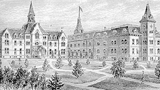1869. Rear view of the seminary on the left and the college building on the right. - AAN